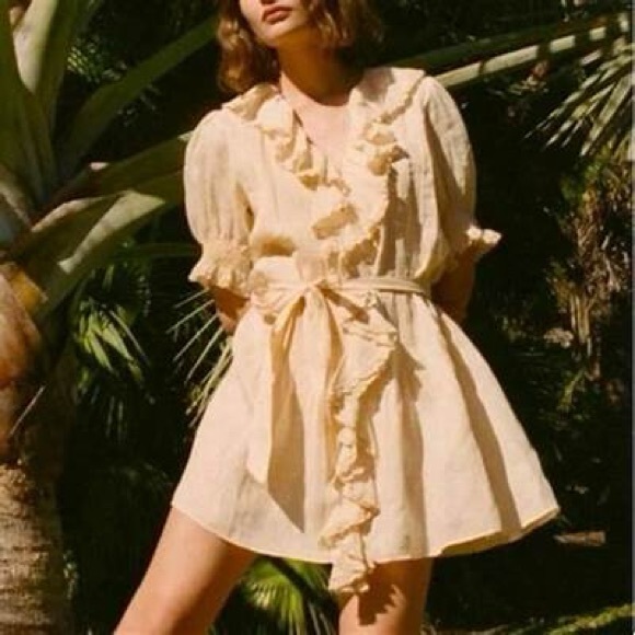 DÔEN Piper Belted Ruffled Ramie Mini Dress — Ivory | Size S | Perfect Condition - Picture 2 of 11